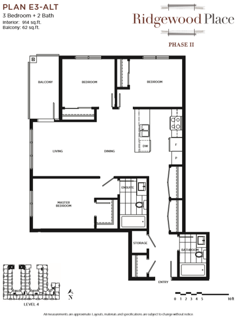 Floor plan for 3 beds, 2 baths, 914 sqft